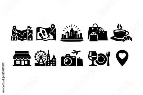 Travel and tourism solid icon set. Vacation and planning icons solid pack