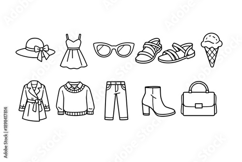 Fashion and accessories icon set in outline style for summer and casual wear