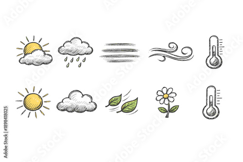 Weather, nature sketch icon set. Hand-drawn weather elements, nature symbols.