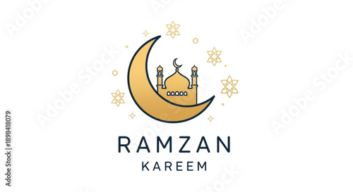 Golden crescent moon embraces a delicate mosque silhouette amid softly glowing geometric stars conveying ramzan kareem in a minimalist elegant design against a clean white backdrop