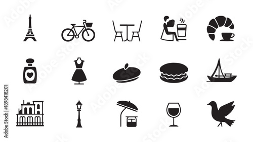 France culture icon set with Eiffel Tower, bicycle, cafe table, and French cuisine symbols representing Paris lifestyle, romance, and traditional European heritage elements