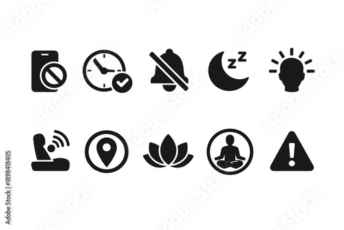 Relaxation and mindfulness silhouette icon set. Serenity, stress relief icons collection