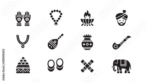 Indian traditional culture icon collection with mehndi hands, jewelry, tribal mask, and ethnic symbols representing India heritage, festival celebration, and indigenous art