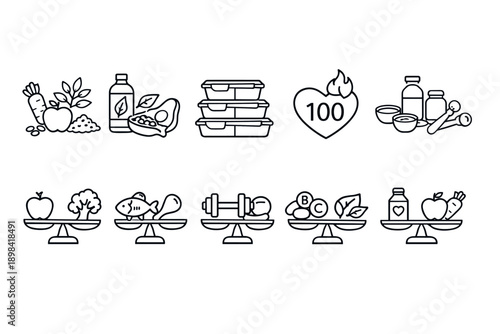 Nutrition and meal prep outline icon set. Healthy eating and planning symbols