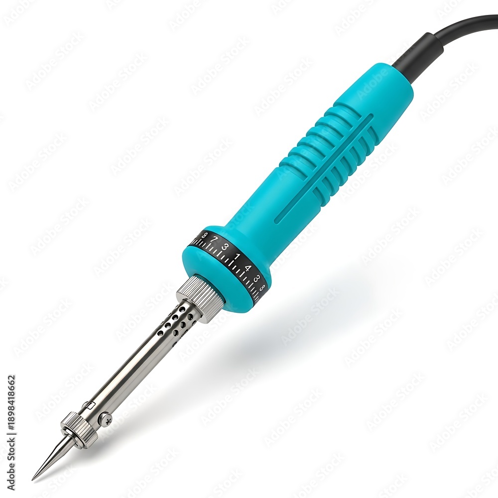 Fototapeta premium A teal and silver soldering iron on a white background