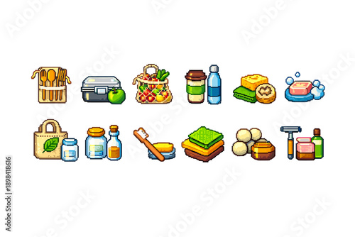 Eco-friendly lifestyle flat icon set. Reusable, zero waste icons collection.