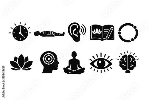 Meditation, mindfulness silhouette icon set. Zen, relaxation, wellness icons collection