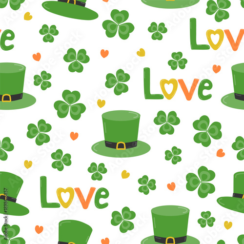 Seamless pattern with Irish hats, shamrocks and the inscription Love