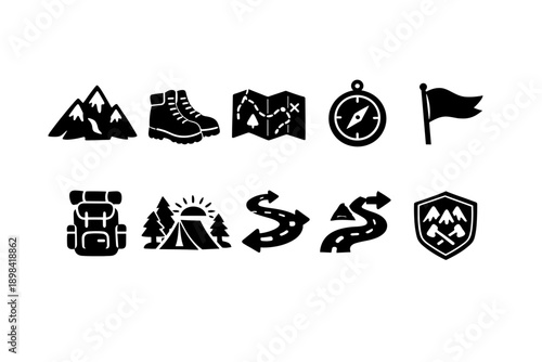 Camping and hiking solid icon set. Outdoor adventure symbols in solid style