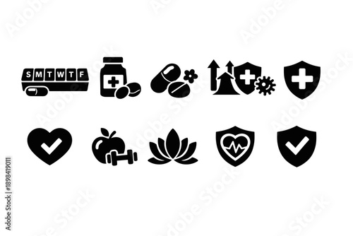 Healthcare icon set: wellness, medical, fitness, health silhouette collection