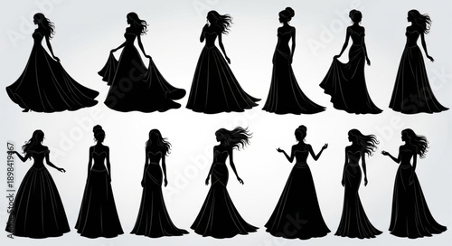 Collection of elegant female silhouettes in flowing gowns.