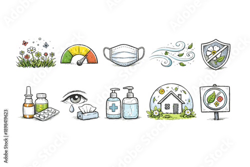 Allergy and health protection icon set in filled style for wellness collection