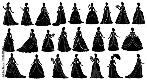 Collection of elegant Victorian era women silhouettes in ball gowns.