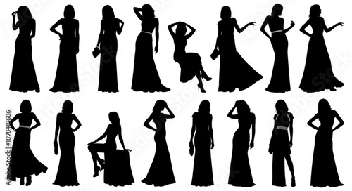 Collection of Elegant Woman Silhouettes in Evening Gowns.