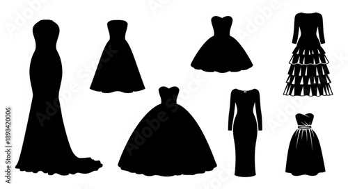 Collection of elegant black evening gowns silhouettes.