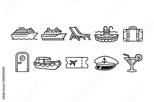 Cruise travel icon set. Linear icons for vacation, maritime journey, nautical adventure.