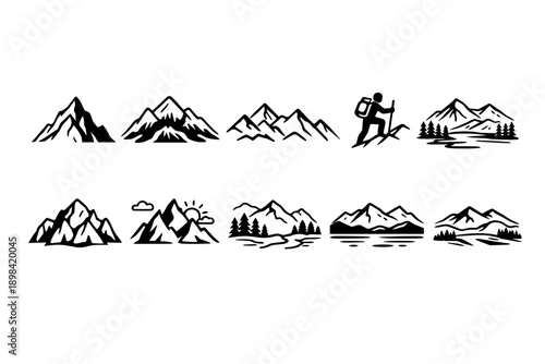 Mountains and hiking icon set. Scenic flat collection with adventure themes