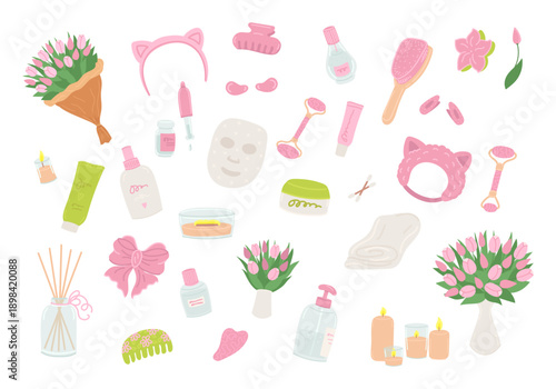 Beauty and care cosmetics set elements in flat cartoon design. Bundle of facial mask, perfume, comb, massage stone or roller, serum bottle, aroma candle, cream, more. Vector illustration isolated.