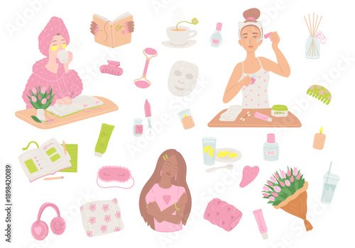 Woman beauty and self care set elements in flat cartoon design. Bundle of young girls drinking coffee, doing skincare routine with cosmetic, reading, hug herself, more. Vector illustration isolated.