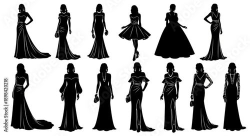 Collection of elegant evening gown silhouettes for women.