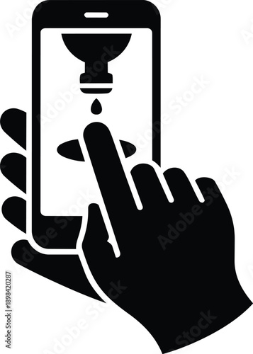Finger touching liquid drop icon on smartphone screen held by hand pressing holding