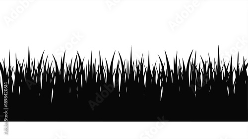 A detailed black and white graphic illustration depicting a seamless vector border of classic grass blades with a stark silhouette against a white background