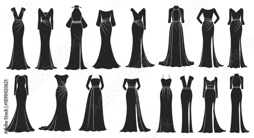 Collection of elegant evening gowns silhouettes for formal events.