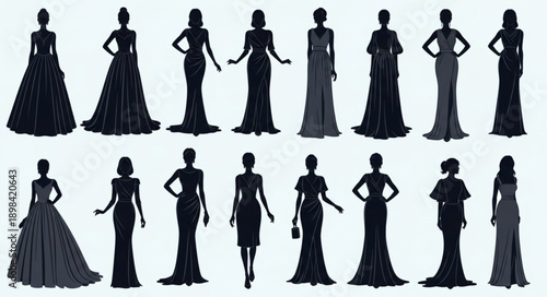 Collection of elegant evening gowns silhouettes on white background.