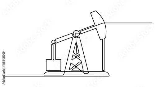 One continuous line drawing of oil pumpjack. Pump station petroleum production and trade industry in simple linear style. Oil gas economy industrial concept. vector Illustration