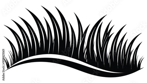 Black Silhouette of Ornamental Grass Blades in a Curved Row, Perfect for Nature and Gardening Designs
