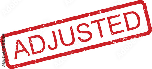 Red rectangular grunge rubber stamp showing the word ADJUSTED in capital letters on a clean white field