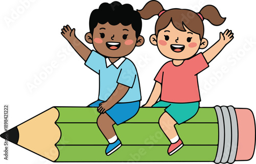 Happy children waving cheerfully while sitting atop a giant green pencil, symbolizing learning