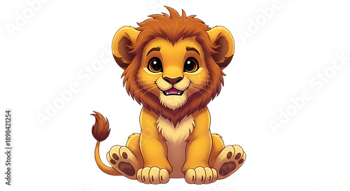 Cute cartoon baby lion cub with fluffy mane sitting, smiling, isolated on white