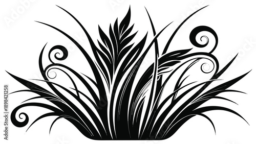 A detailed black silhouette vector illustration of ornamental grass blades with elegant swirling flourishes, perfect for naturalistic designs
