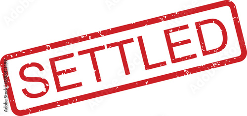 Red rectangular rubber stamp impression displaying the word SETTLED on a clean white background