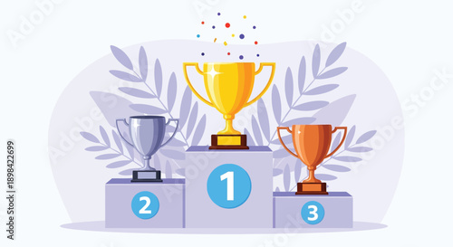 Three trophy podiums with gold, silver, and bronze cups labeled 1, 2, and 3. Confetti in air, with a backdrop of stylized leaves. Celebratory tone.