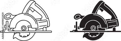 Circular saw tool icon showing outline and silhouette versions for construction and carpentry