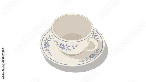 An elegant white teacup with blue floral pattern on a matching saucer, rendered in an isometric style.