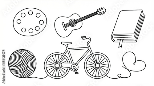 line drawing of bicycle guitar and book with yarn and cookie