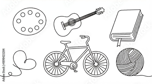 line drawing of various hobbies and leisure items on white background