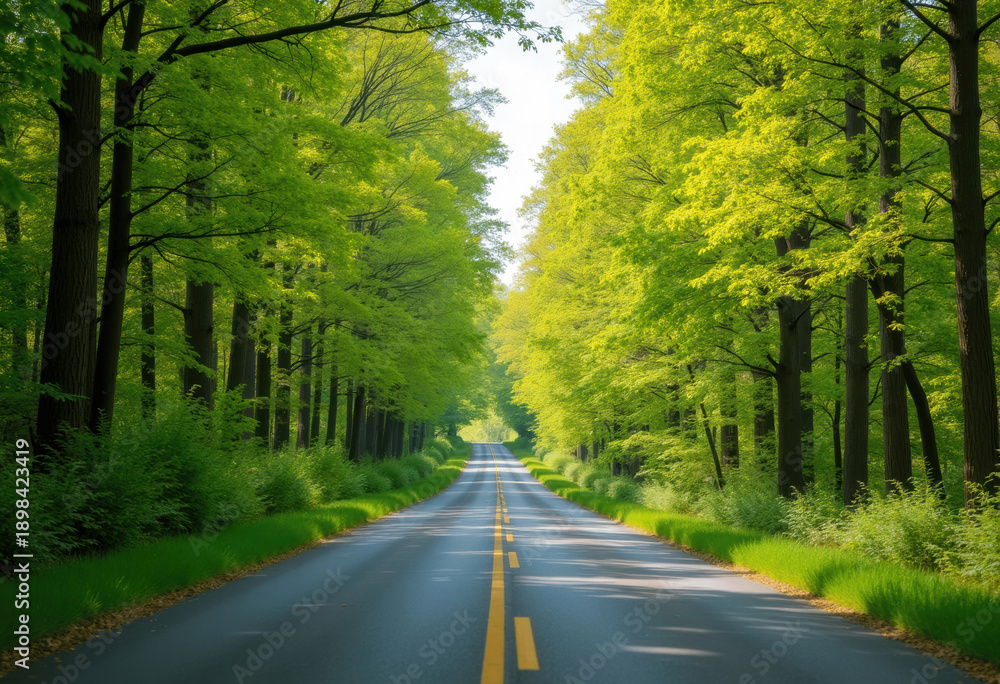 Obraz premium Open road surrounded by spring greenery