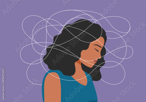 Depressed young woman illustration - Female person with hands covering face feeling exhausted and having a breakdown with brain fog, migraine and mental health issues and problems. Vector illustration
