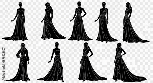 Elegant Black Silhouettes of Women in Long Gowns.