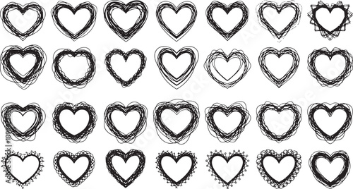 Collection of hand drawn hearts scribbled in black ink on transparent background vector illustrations