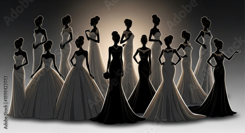 Elegant Bridal Gowns Displayed in Dramatic Silhouette Lighting.