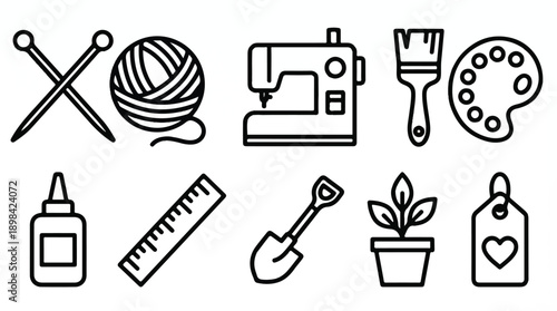 line icons of various crafting and art tools and supplies for hobbies and leisure activities