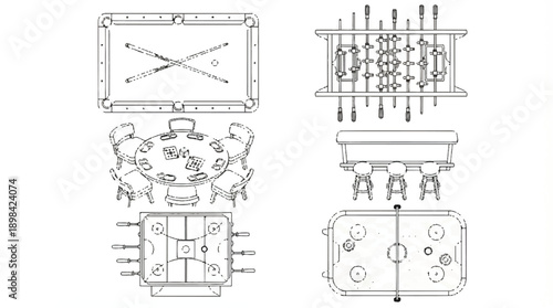 line drawings of various game tables and furniture for recreation and leisure activities
