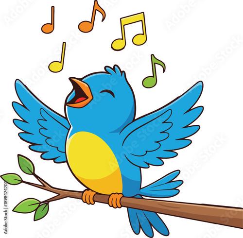 A cheerful blue cartoon bird with yellow belly singing happily on a branch with musical notes