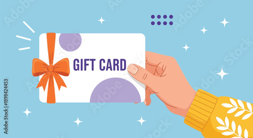 A hand holds a gift card with "Gift Card" text, a purple dot pattern, and an orange bow. The background is blue with white stars, conveying a festive tone.