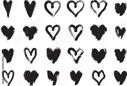 Black hand drawn heart icons collection set of grunge vector brush stroke symbols for wedding design and love
